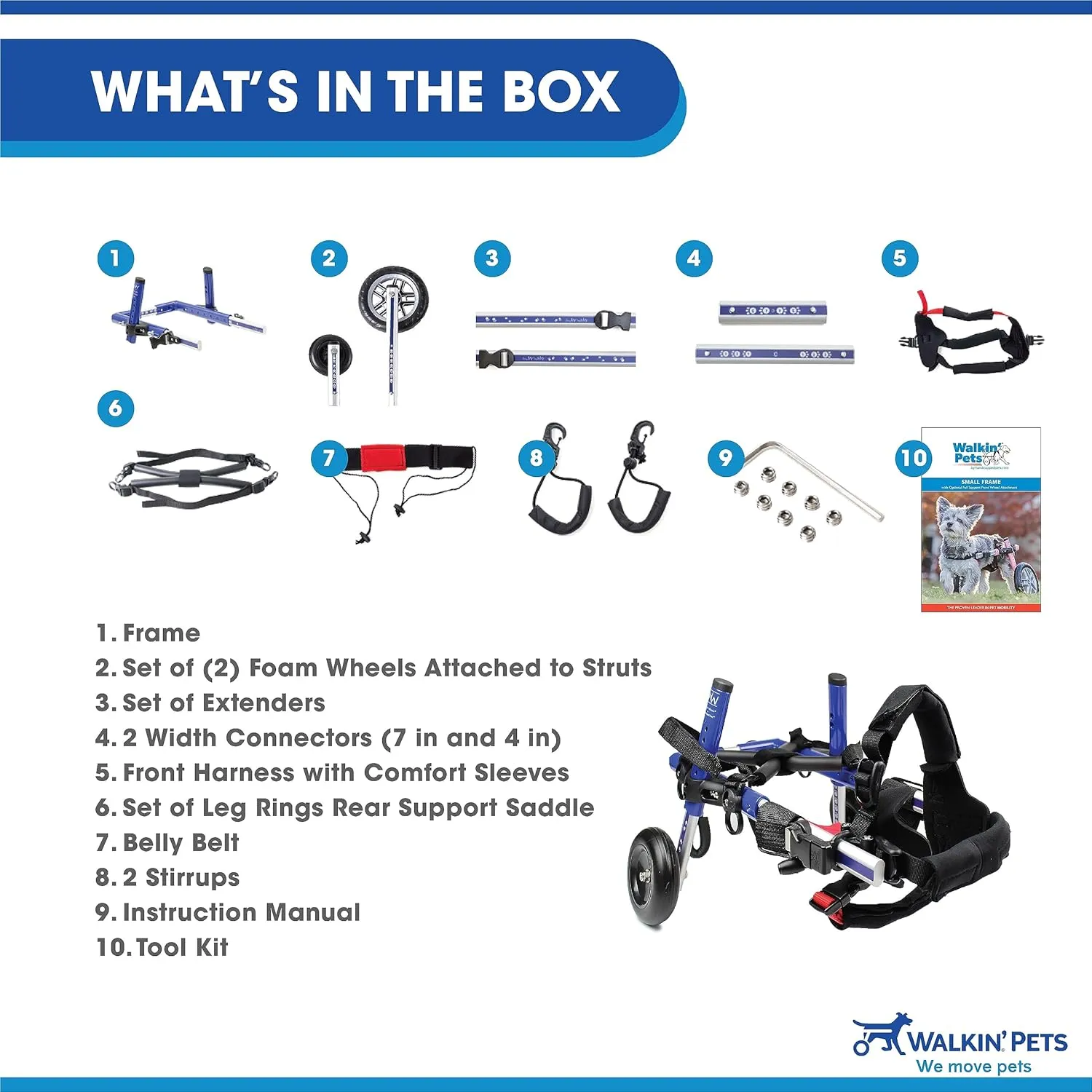 Walkin' Wheels Small Dog Wheelchair, Lightweight Dog Wheelchair for Back Legs, 15-25 lbs, for 9-11 inches Leg Height - Blue
