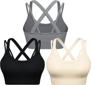WANAYOU Sports Bras for Women High Support Ribbed Strappy Running Sports Bra Criss Cross Back Workout Bra Padded 3 Pack