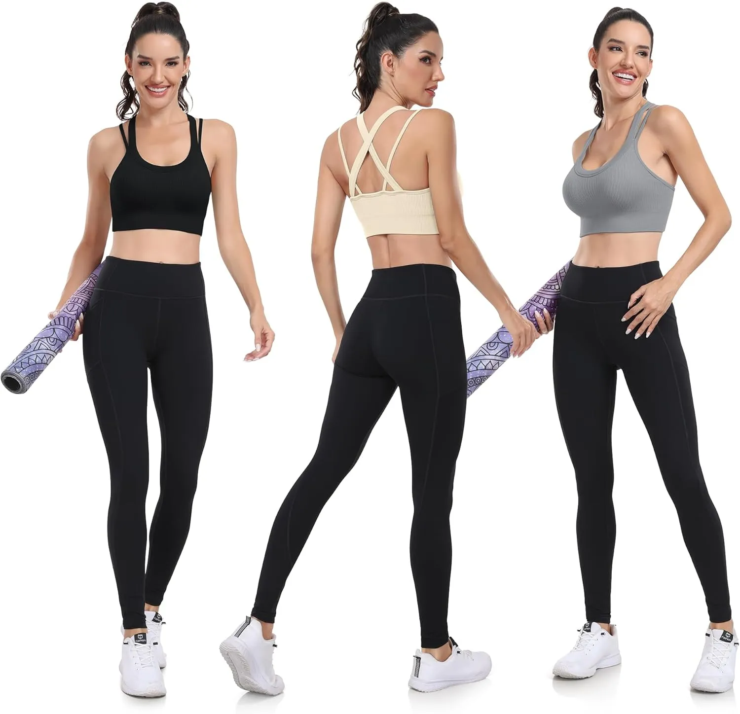 WANAYOU Sports Bras for Women High Support Ribbed Strappy Running Sports Bra Criss Cross Back Workout Bra Padded 3 Pack