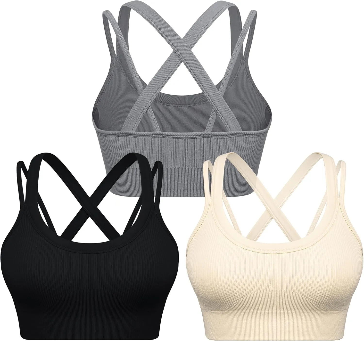 WANAYOU Sports Bras for Women High Support Ribbed Strappy Running Sports Bra Criss Cross Back Workout Bra Padded 3 Pack