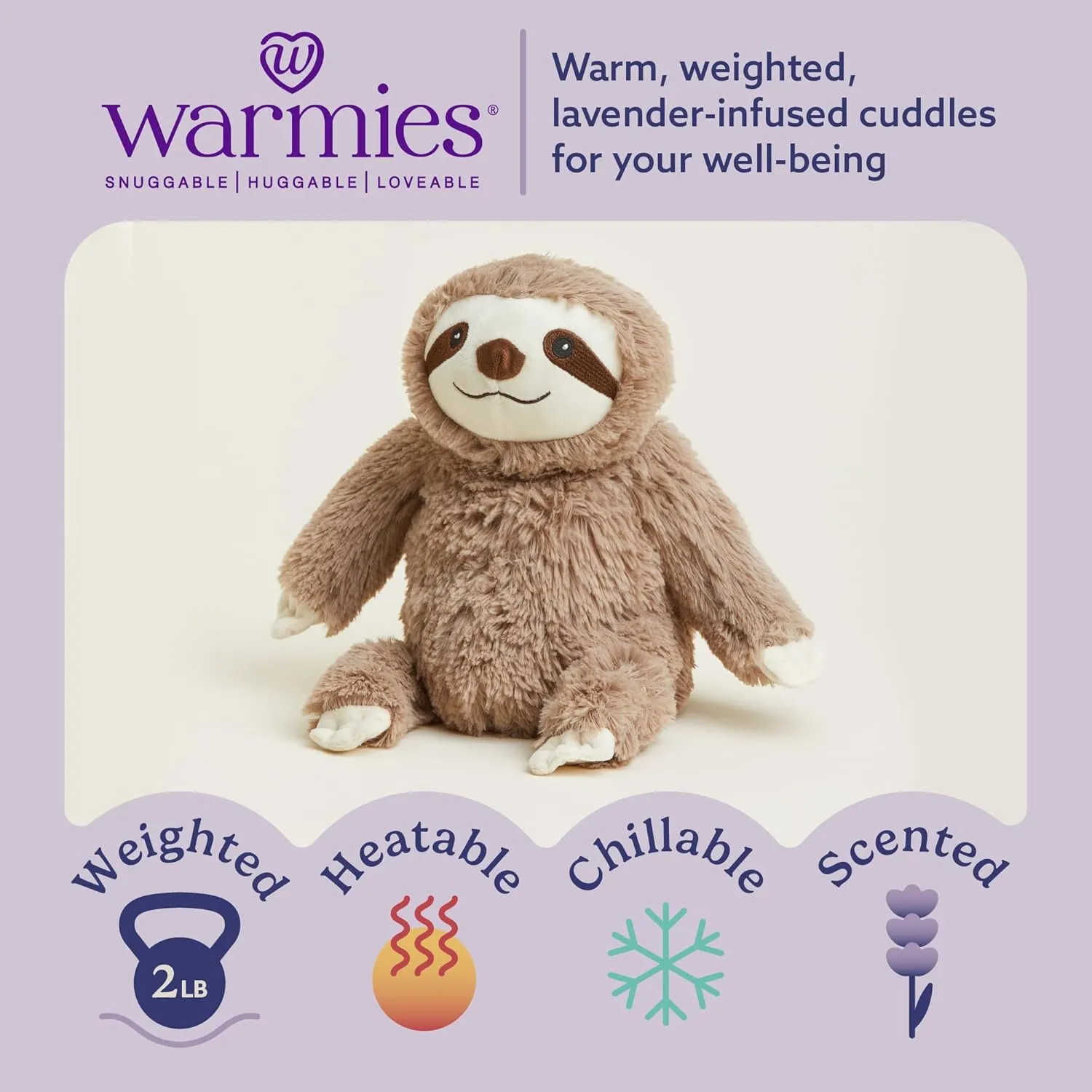 warmies Microwavable & Weighted Stuffed Animals, Sloth - Heated Stuffed Animal Plushie for Warmth & Comfort - Cute Soft Plush Toys for Boys, Girls, Babies & Toddlers