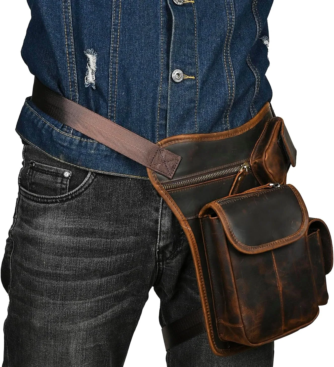 Water Resistant Canvas   Leather Motorcycle Travel Fanny Waist Pack Drop Thigh Leg Bag Pouch For Men Women FB913-5
