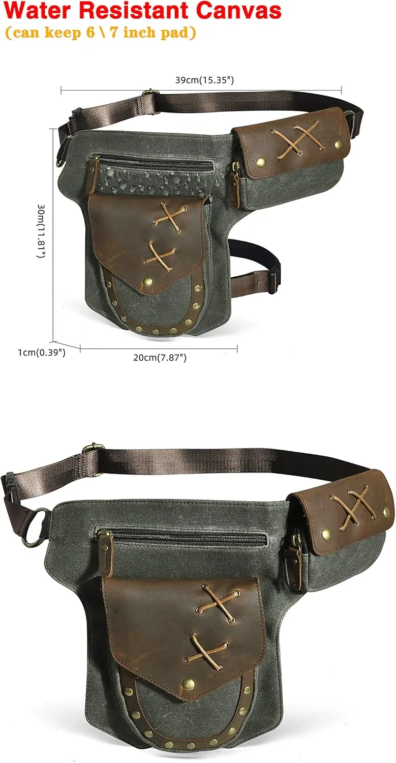 Water Resistant Canvas Plus Leather Motorcycle Fanny Waist Pack One Shoulder Drop Leg Thigh Bag For Men Women N211-8 (The Army Green)