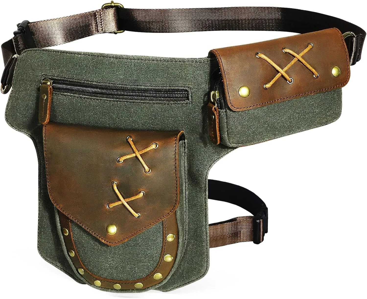 Water Resistant Canvas Plus Leather Motorcycle Fanny Waist Pack One Shoulder Drop Leg Thigh Bag For Men Women N211-8 (The Army Green)