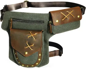 Water Resistant Canvas Plus Leather Motorcycle Fanny Waist Pack One Shoulder Drop Leg Thigh Bag For Men Women N211-8 (The Army Green)