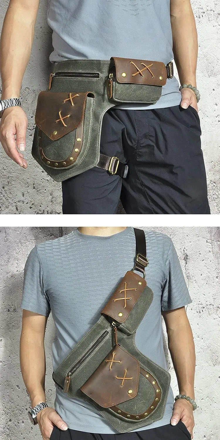 Water Resistant Canvas Plus Leather Motorcycle Fanny Waist Pack One Shoulder Drop Leg Thigh Bag For Men Women N211-8 (The Army Green)