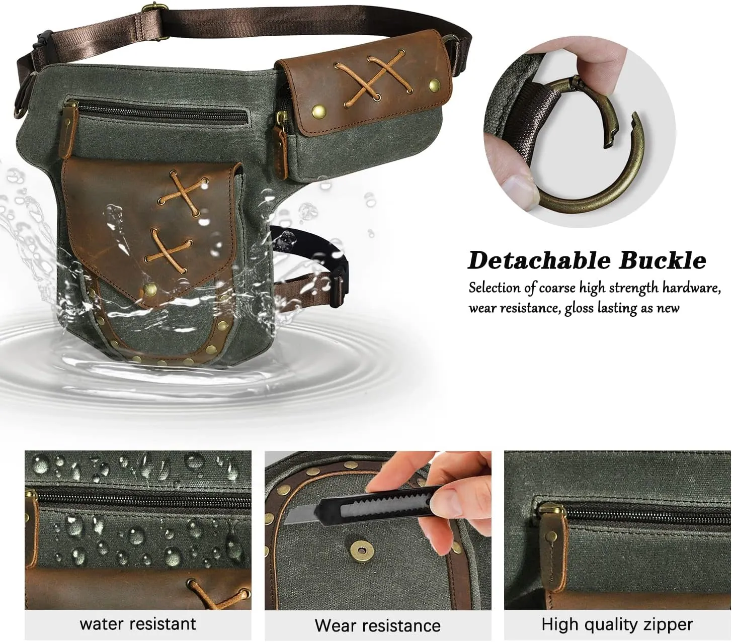 Water Resistant Canvas Plus Leather Motorcycle Fanny Waist Pack One Shoulder Drop Leg Thigh Bag For Men Women N211-8 (The Army Green)