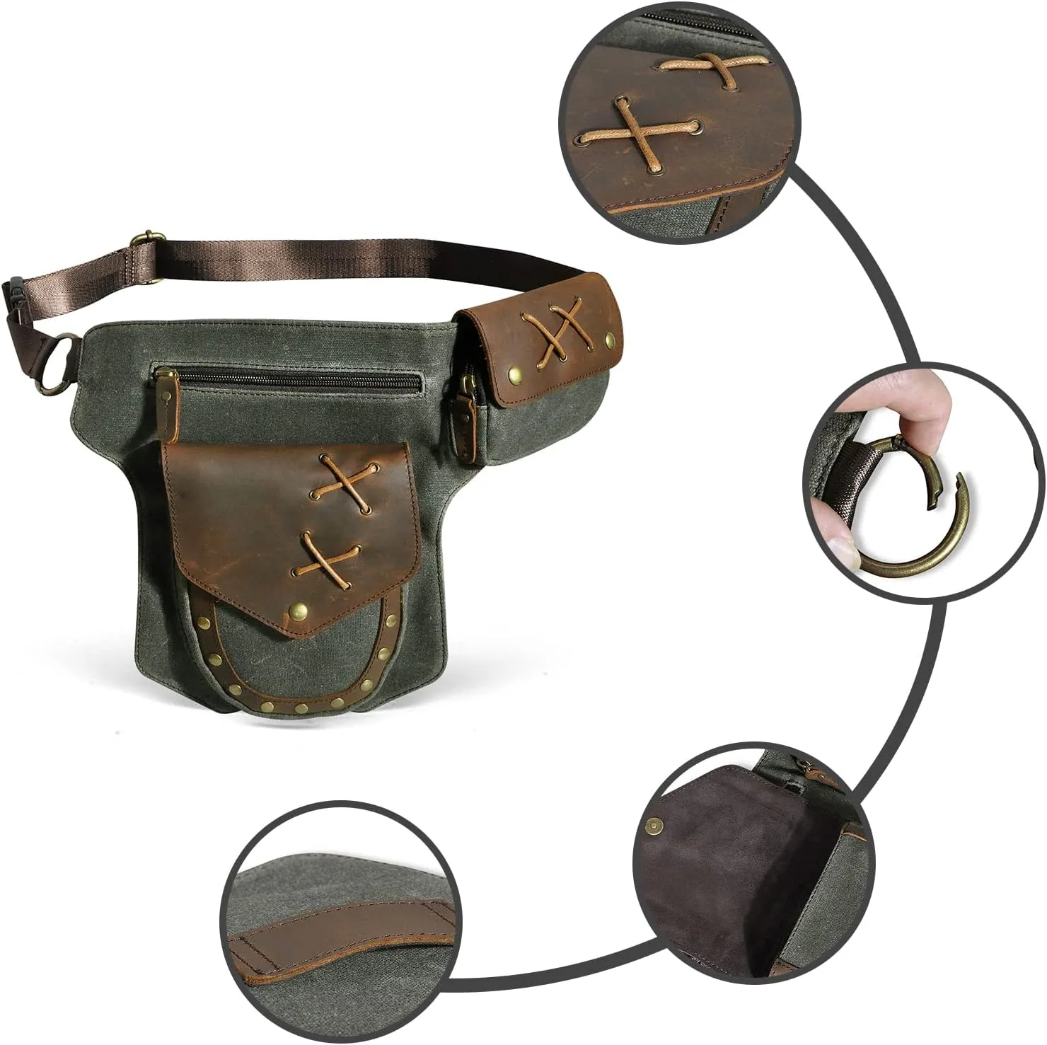 Water Resistant Canvas Plus Leather Motorcycle Fanny Waist Pack One Shoulder Drop Leg Thigh Bag For Men Women N211-8 (The Army Green)
