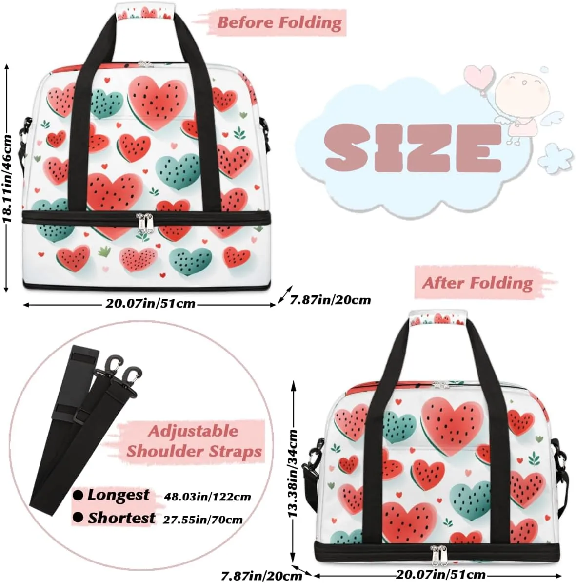 Watermelon Fruit Foldable Travel Duffel Bag Overnight Weekender Bag with Shoes Compartment Sports Gym Bag for Men Women