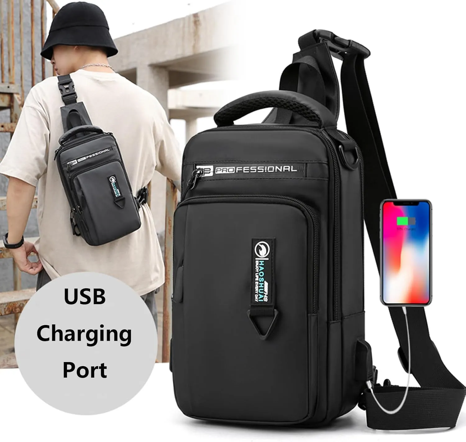Waterproof Sling Bag for Men and Women,Chest Bag Shoulder Backpack Crossbody Backpack Hiking Daypack Travel Backpack(Black)