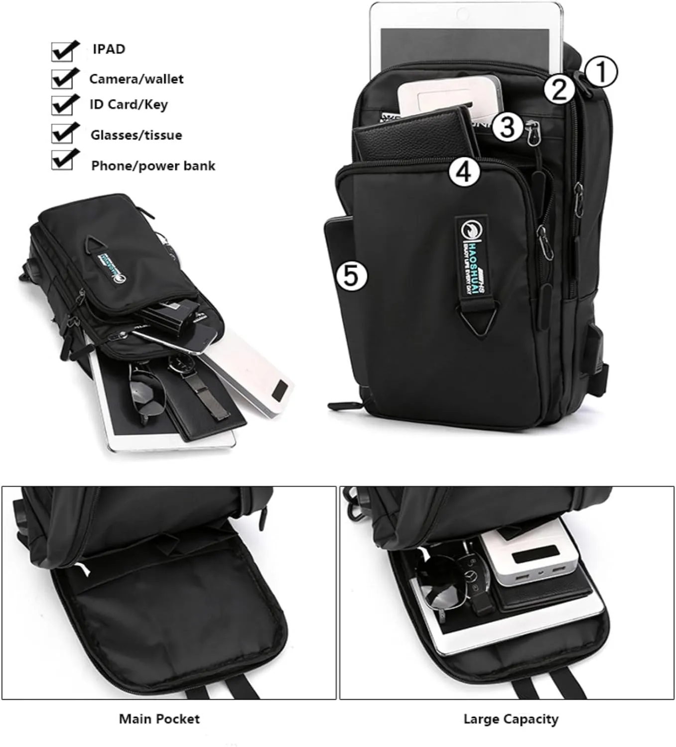 Waterproof Sling Bag for Men and Women,Chest Bag Shoulder Backpack Crossbody Backpack Hiking Daypack Travel Backpack(Black)