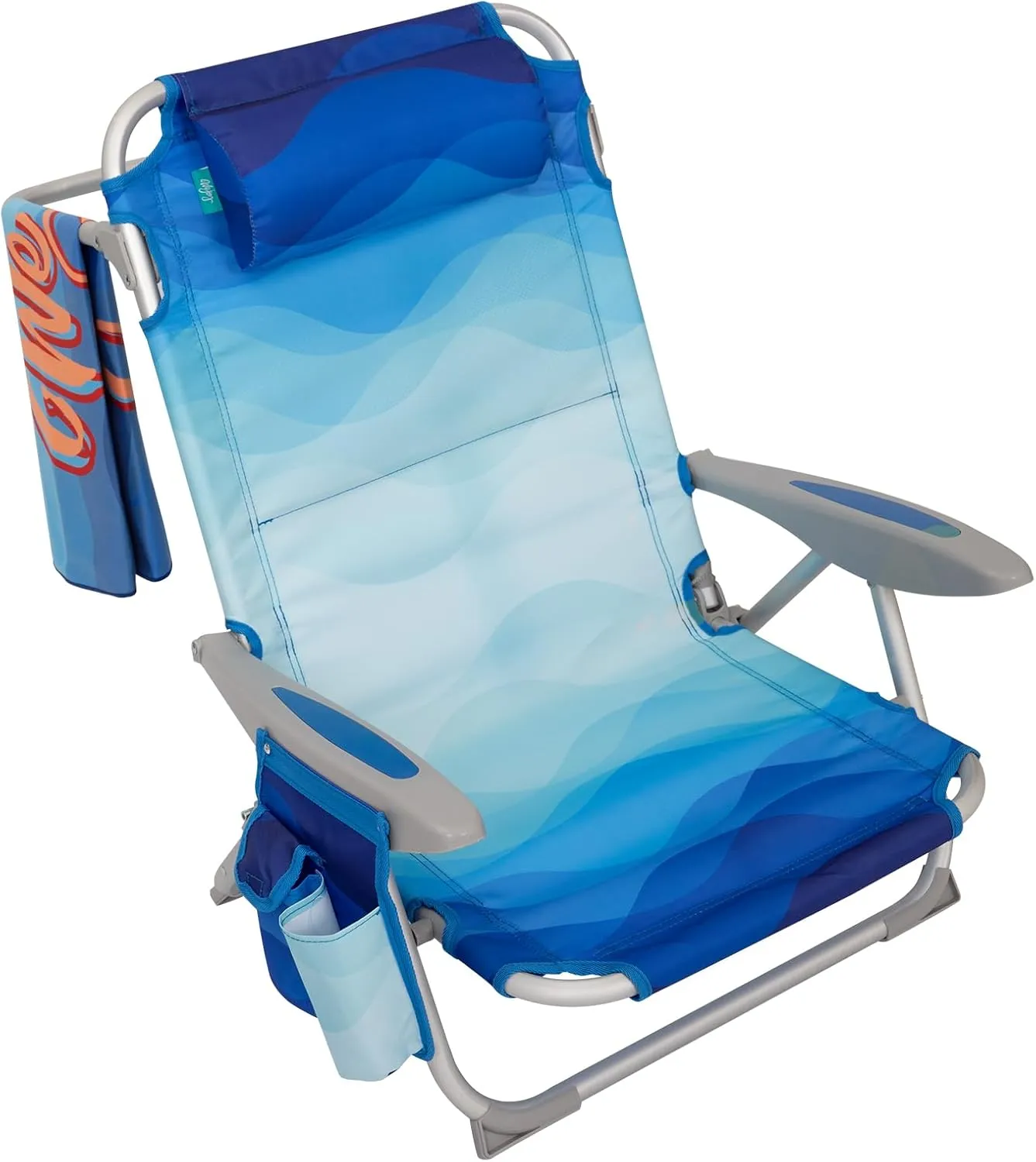 #WEJOY Low Beach Chair for Adults,4-Position Folding Beach Chair with Shoulder Strap, Cup Holder, Lightweight Lawn Chair Supports 265lbs, Blueprint