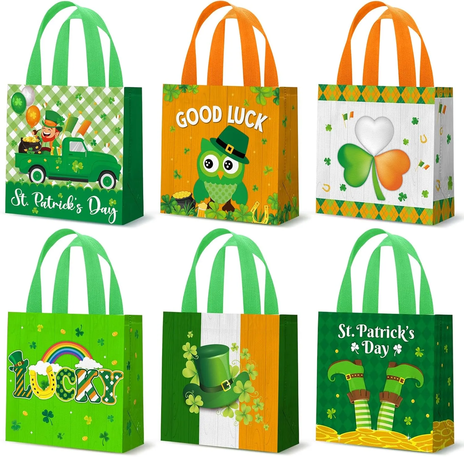 Wesnoy 48 Pieces St. Patrick's Day Gift Bags Bulk Reusable Irish Tote Bags with Handles Shamrocks Leprechauns Non Woven Clover Goodie Basket for Saint Patty's Day Party Favors, 7.8 x 7.8 x 3.5 Inch