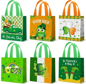Wesnoy 48 Pieces St. Patrick's Day Gift Bags Bulk Reusable Irish Tote Bags with Handles Shamrocks Leprechauns Non Woven Clover Goodie Basket for Saint Patty's Day Party Favors, 7.8 x 7.8 x 3.5 Inch