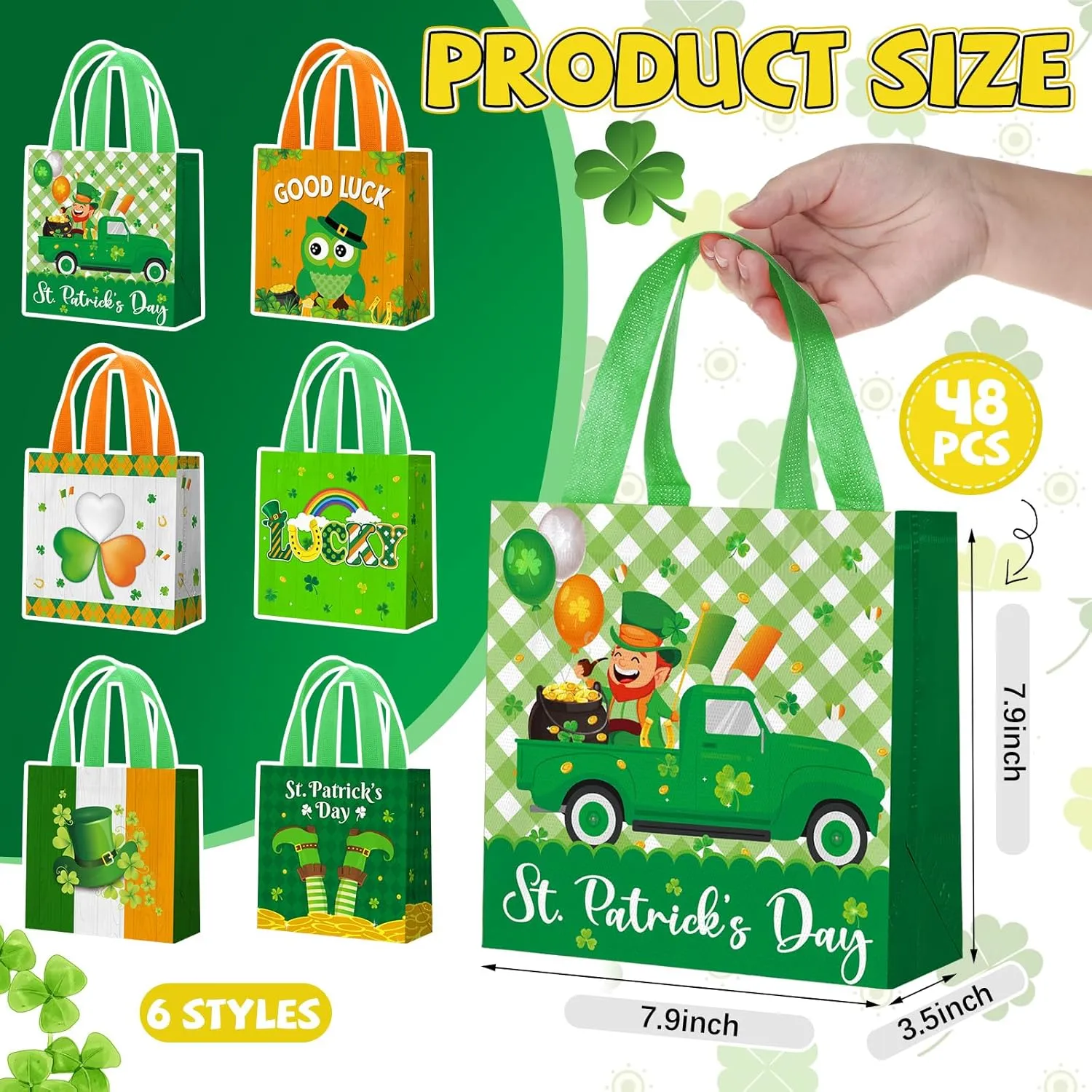 Wesnoy 48 Pieces St. Patrick's Day Gift Bags Bulk Reusable Irish Tote Bags with Handles Shamrocks Leprechauns Non Woven Clover Goodie Basket for Saint Patty's Day Party Favors, 7.8 x 7.8 x 3.5 Inch