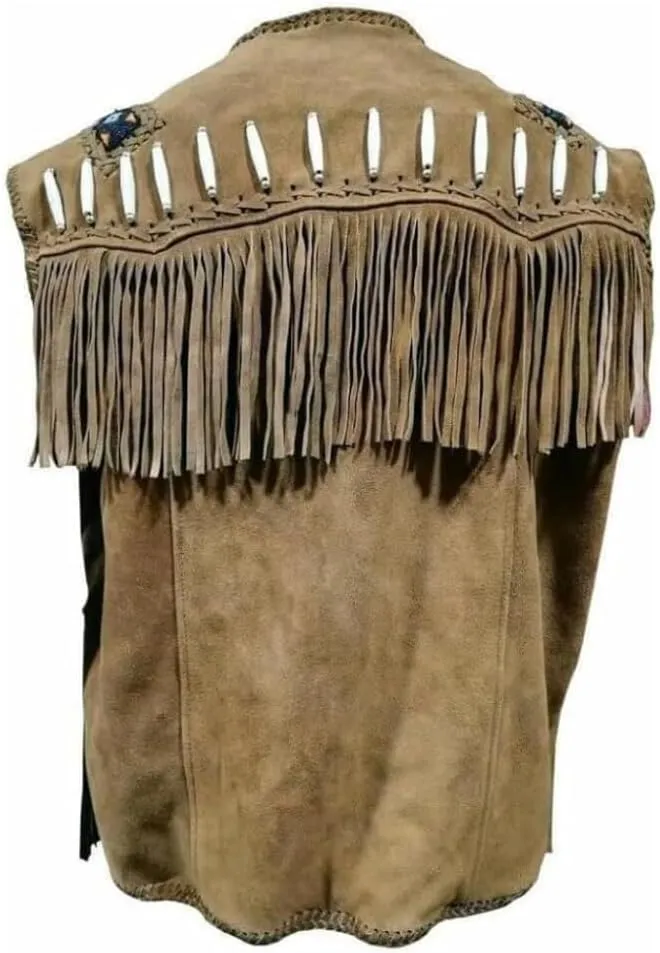 Western Style Cow Suede Leather Vest for Men with Native American-Inspired Design, Fringes, Beads & Braid
