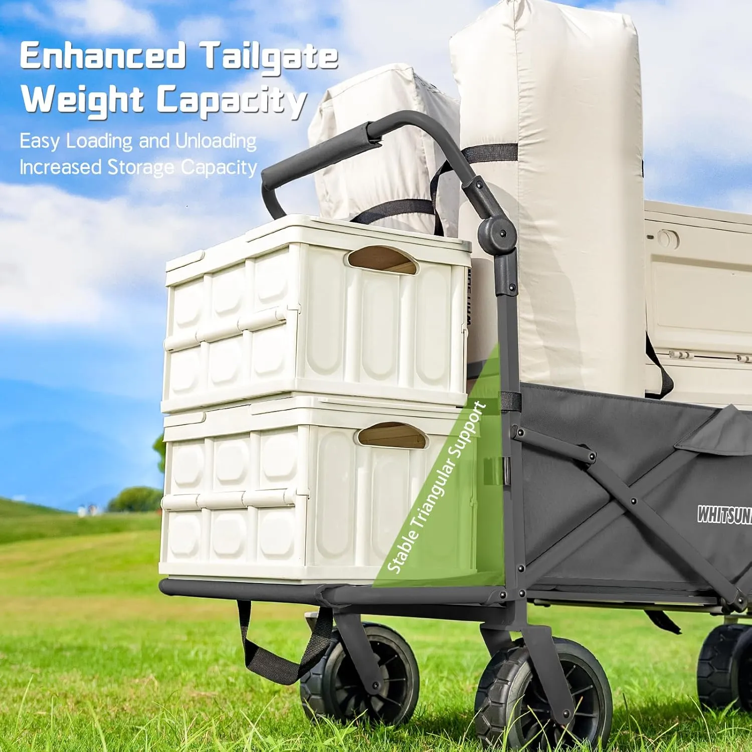 Whitsunday Collapsible Folding Beach Wagon Cart, Double Push Bar Wagon with Tailgate, 360° Rotating Wheels Heavy Duty Utility Camping Grocery Wagon with WheelsBlack