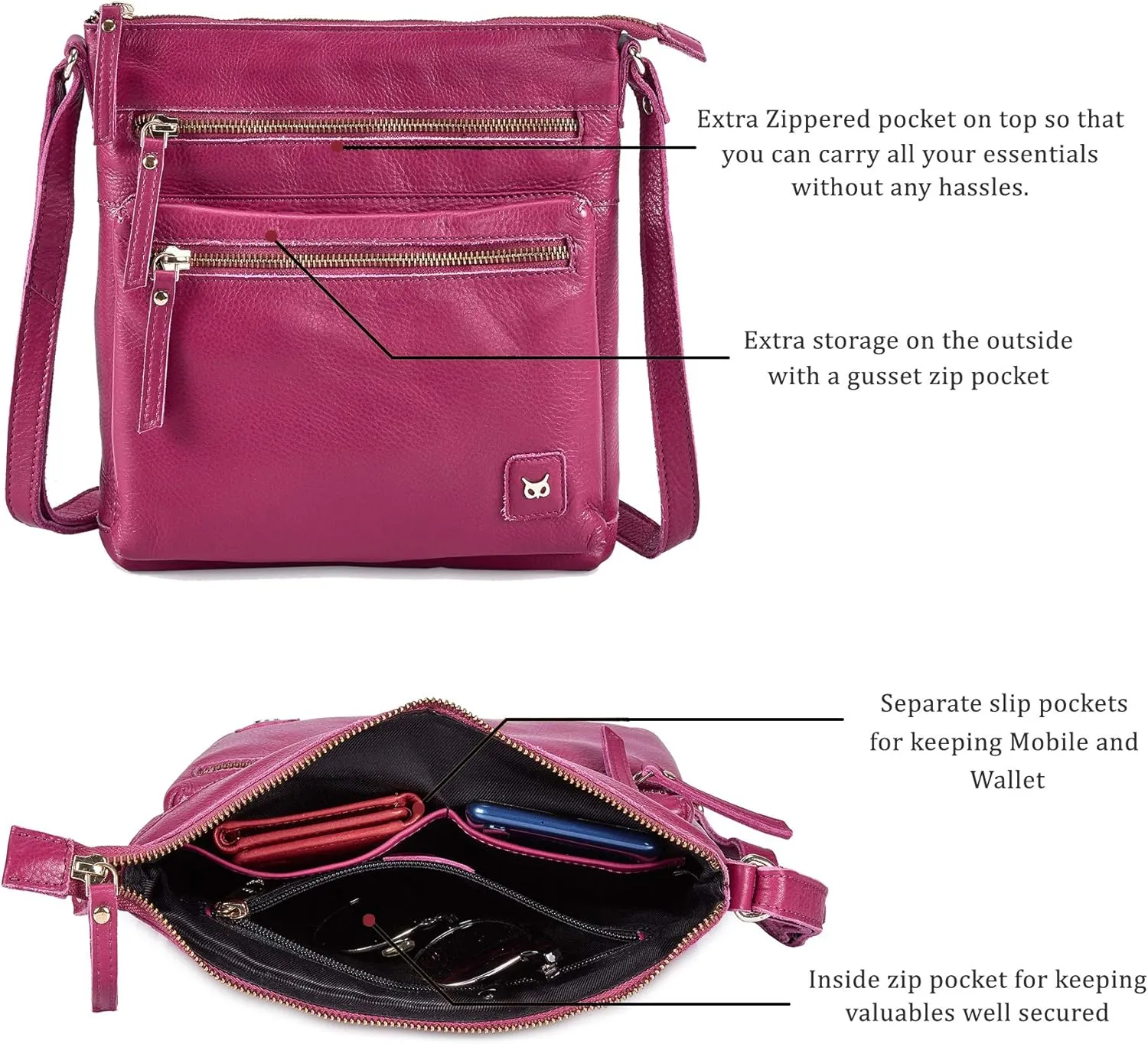 Wise Owl Accessories Small Crossbody Bags for Women Real Leather Purse Handbags Crossover Over the Shoulder Pocketbook
