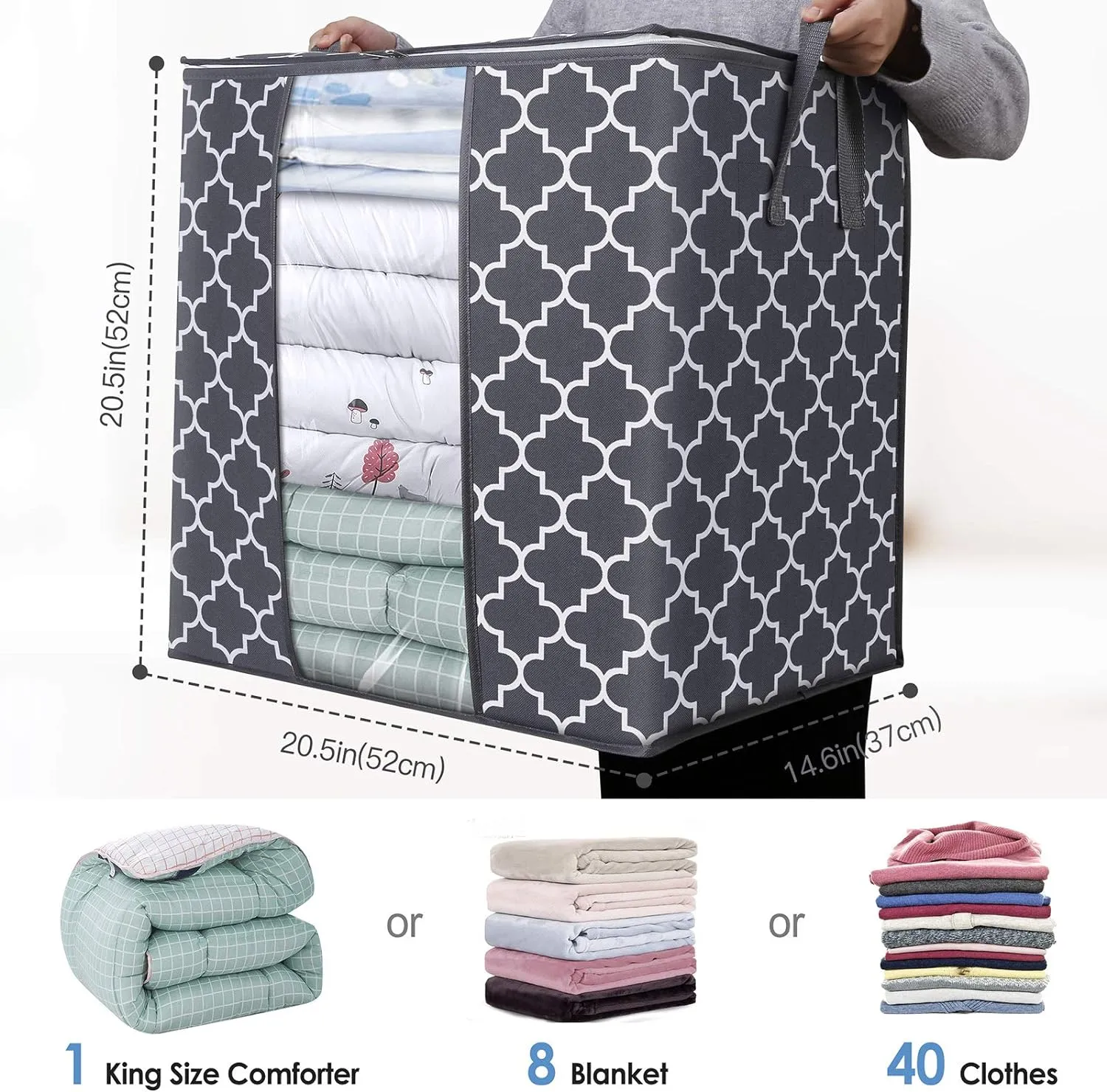 WISELIFE Storage Bags 2 Pack/100L Large Blanket Clothes Organization and Storage Containers for Comforters,Bedding, Foldable Organizer with Reinforced Handle, Clear Window, Sturdy Zippers,Gray