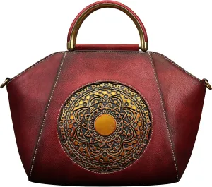 Women Genuine Leather Handbags, Organizer Retro Vegetable Tanning leather Satchel Vintage Embossing Totem Shoulder Bag