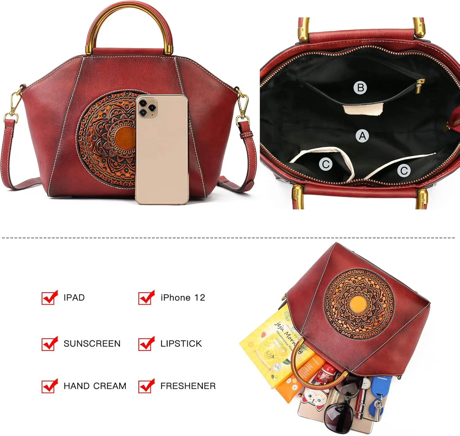 Women Genuine Leather Handbags, Organizer Retro Vegetable Tanning leather Satchel Vintage Embossing Totem Shoulder Bag