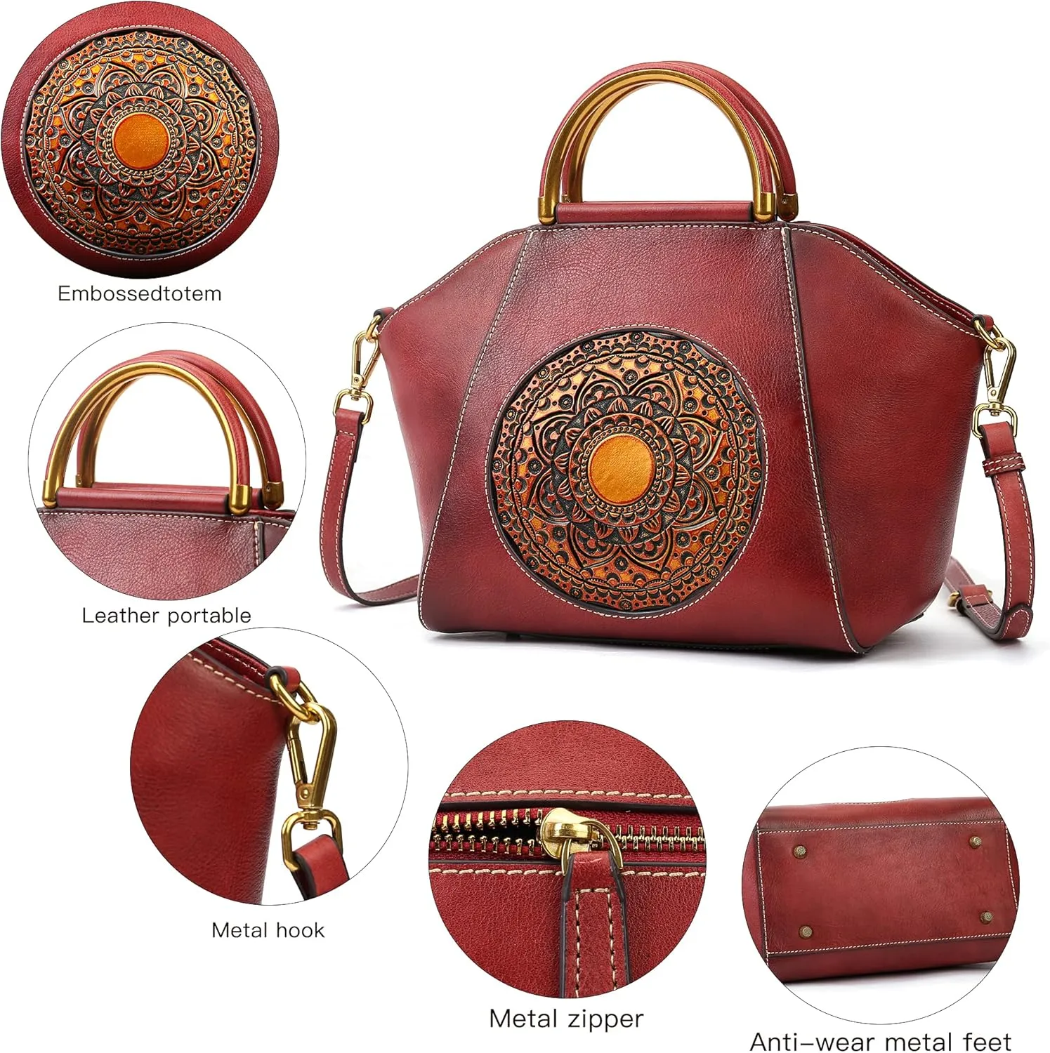 Women Genuine Leather Handbags, Organizer Retro Vegetable Tanning leather Satchel Vintage Embossing Totem Shoulder Bag