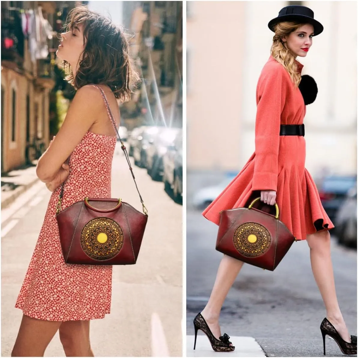 Women Genuine Leather Handbags, Organizer Retro Vegetable Tanning leather Satchel Vintage Embossing Totem Shoulder Bag