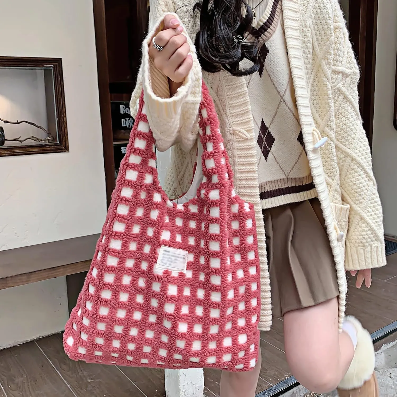 Women Ladies Cute Bear Plush Shoulder Bag Large Tote Handbag Purse Faux Fur Shopping Dating Bag