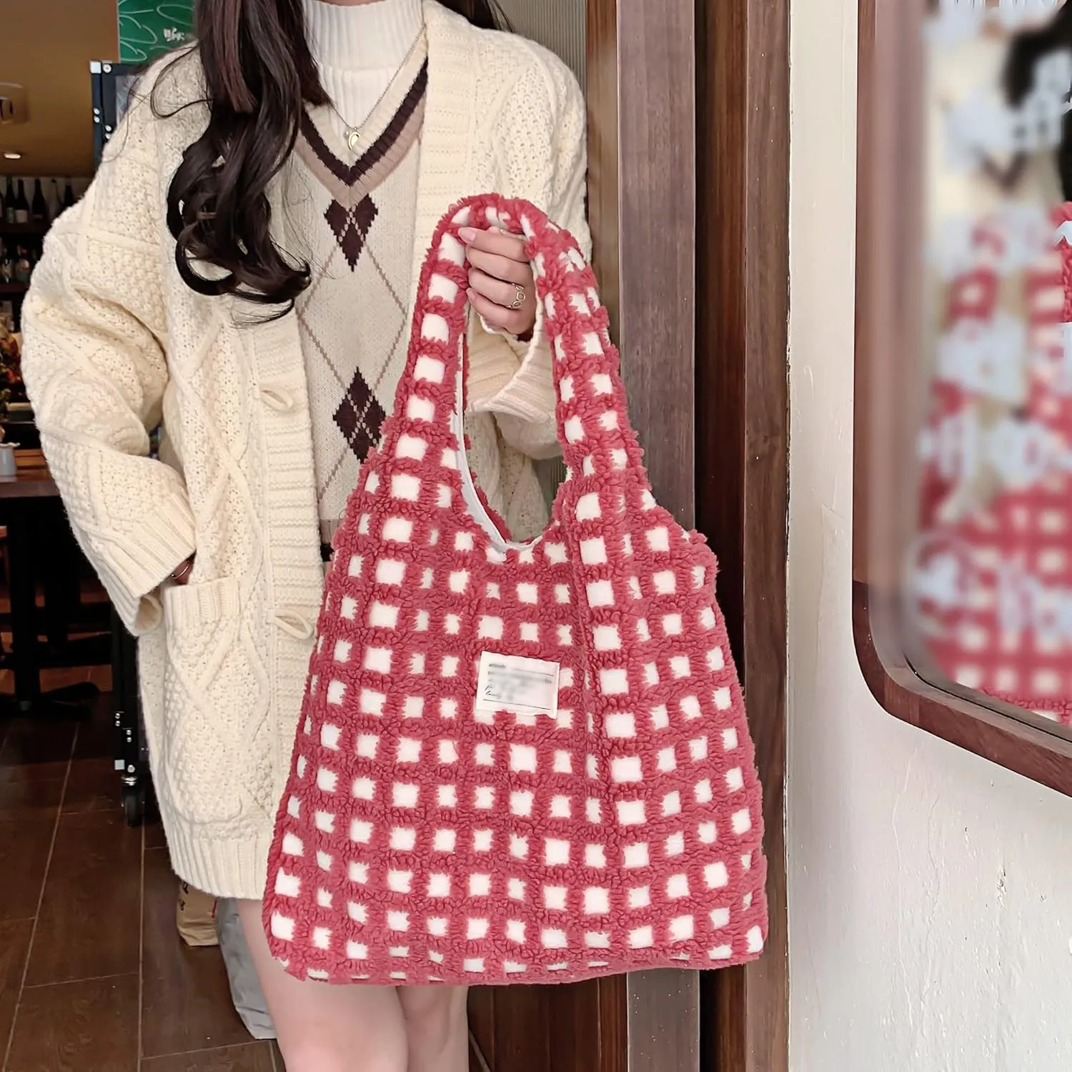 Women Ladies Cute Bear Plush Shoulder Bag Large Tote Handbag Purse Faux Fur Shopping Dating Bag