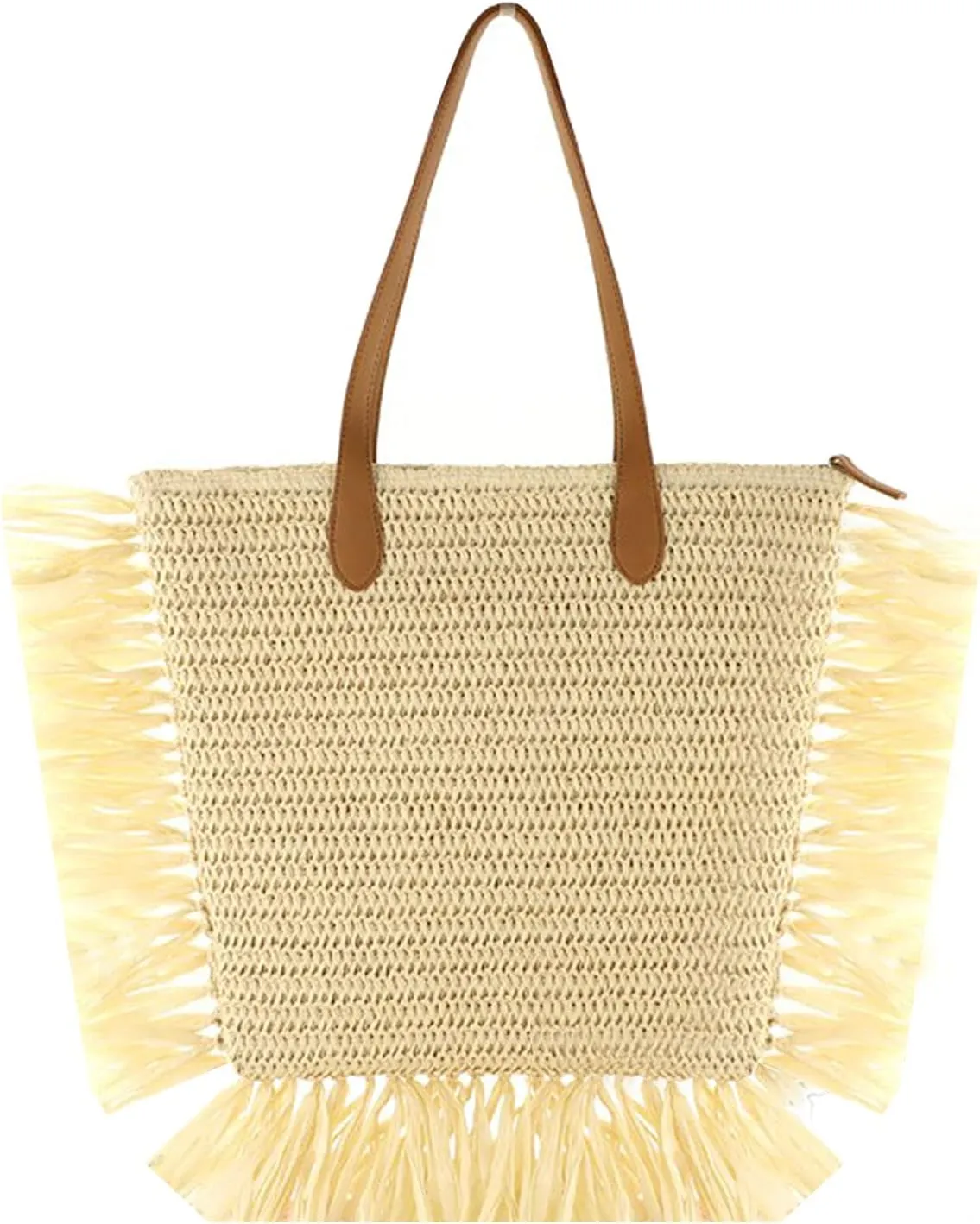 Women Large Fringe Straw Woven Shoulder Bag Summer Beach Top-Handle Bag Travel Tote