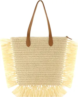 Women Large Fringe Straw Woven Shoulder Bag Summer Beach Top-Handle Bag Travel Tote