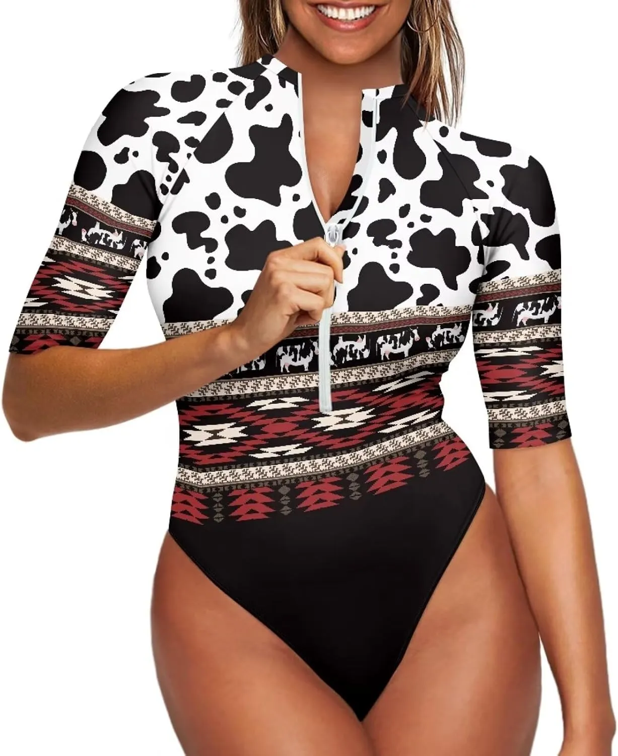 Women One Piece Print Swimsuit Tummy Control Zip Front Bathing Suit 3/4 Short Sleeve High Neck Swimwear Monokini