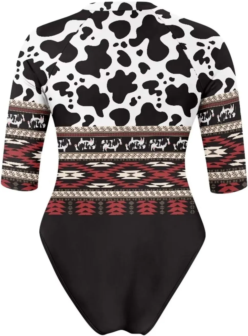 Women One Piece Print Swimsuit Tummy Control Zip Front Bathing Suit 3/4 Short Sleeve High Neck Swimwear Monokini