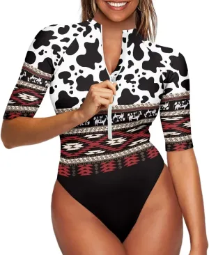 Women One Piece Print Swimsuit Tummy Control Zip Front Bathing Suit 3/4 Short Sleeve High Neck Swimwear Monokini