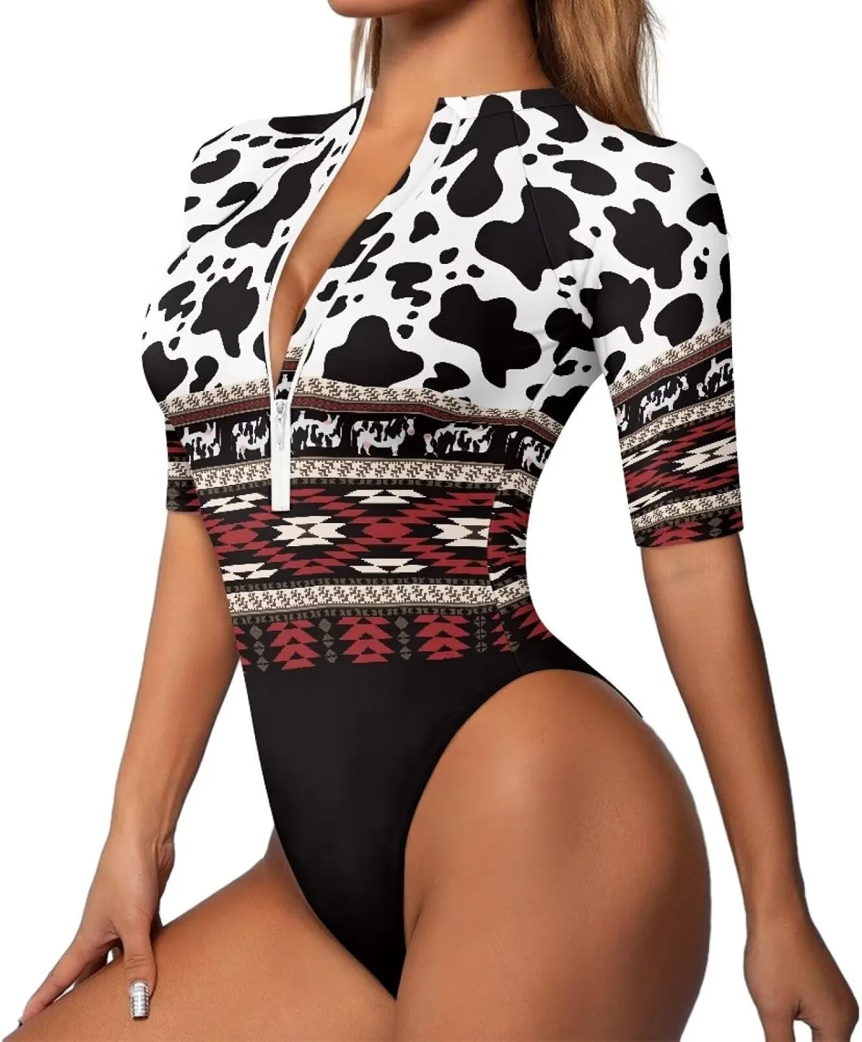 Women One Piece Print Swimsuit Tummy Control Zip Front Bathing Suit 3/4 Short Sleeve High Neck Swimwear Monokini