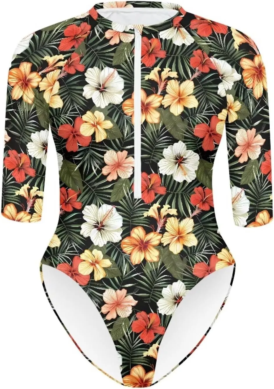 Women One Piece Print Swimsuit Tummy Control Zip Front Bathing Suit 3/4 Short Sleeve High Neck Swimwear Monokini