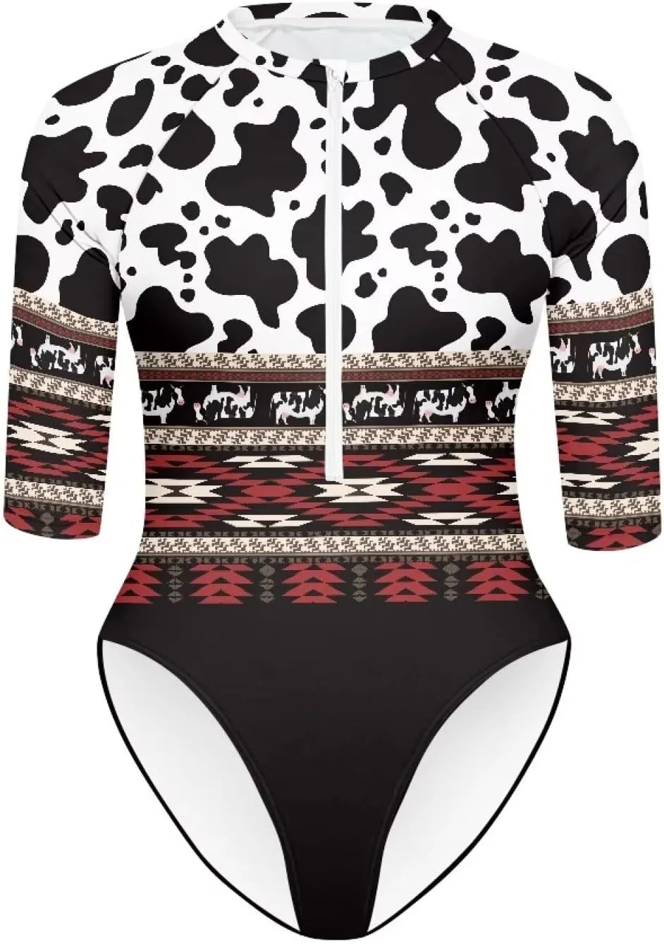 Women One Piece Print Swimsuit Tummy Control Zip Front Bathing Suit 3/4 Short Sleeve High Neck Swimwear Monokini