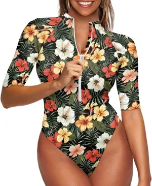 Women One Piece Print Swimsuit Tummy Control Zip Front Bathing Suit 3/4 Short Sleeve High Neck Swimwear Monokini