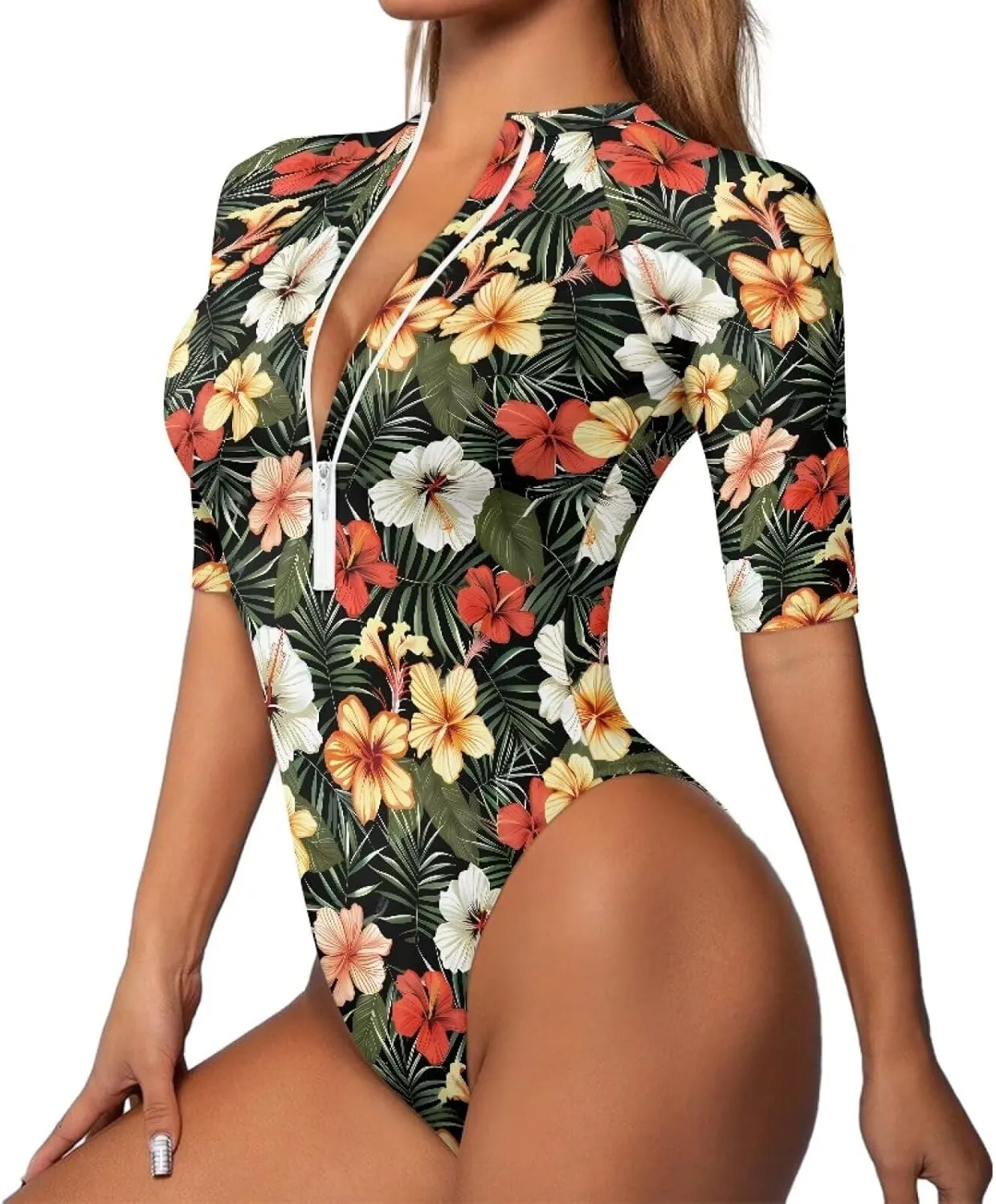 Women One Piece Print Swimsuit Tummy Control Zip Front Bathing Suit 3/4 Short Sleeve High Neck Swimwear Monokini