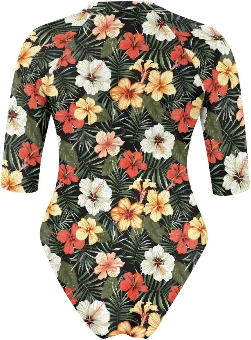 Women One Piece Print Swimsuit Tummy Control Zip Front Bathing Suit 3/4 Short Sleeve High Neck Swimwear Monokini