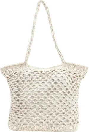Women Solid Color Hand-woven Crochet Handbag Top-handle Bag Summer Beach Tote Hobo Bag Purse White