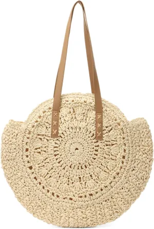 Women Straw Bag Round Handwoven Summer Beach Tote Bag Natural Chic Vacation Shoulder bag