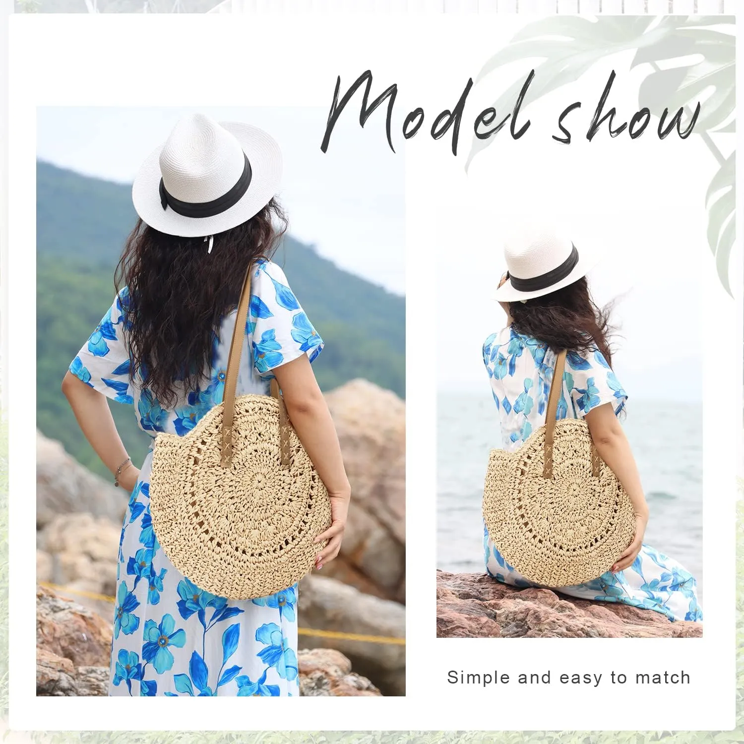 Women Straw Bag Round Handwoven Summer Beach Tote Bag Natural Chic Vacation Shoulder bag