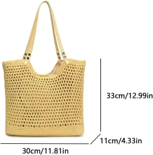 Women Stylish Knit Shoulder Bag Large Capacity Hollowed-Out Bag Wear Resist Seaside Knitting Beach Bag Travel Shoppin