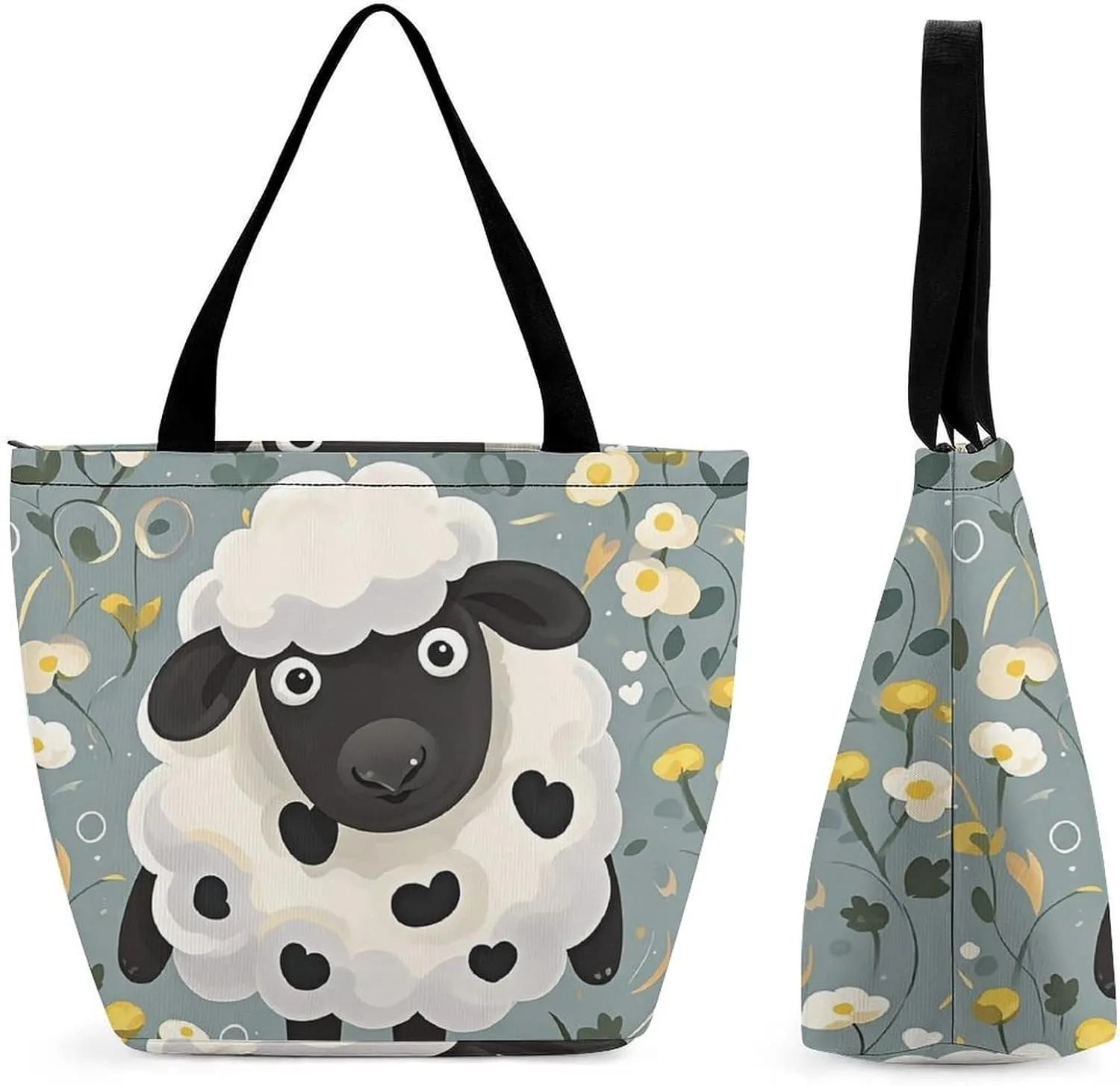 Women Tote Bags with Handles Cartoon Black White Sheep Shoulder Bag with Zipper Handbags Shopping Bags Travel Bag Beach Bag Reusable Grocery Bag for Swim Holiday Gift
