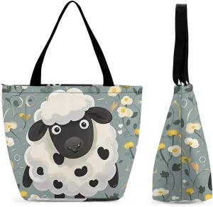Women Tote Bags with Handles Cartoon Black White Sheep Shoulder Bag with Zipper Handbags Shopping Bags Travel Bag Beach Bag Reusable Grocery Bag for Swim Holiday Gift
