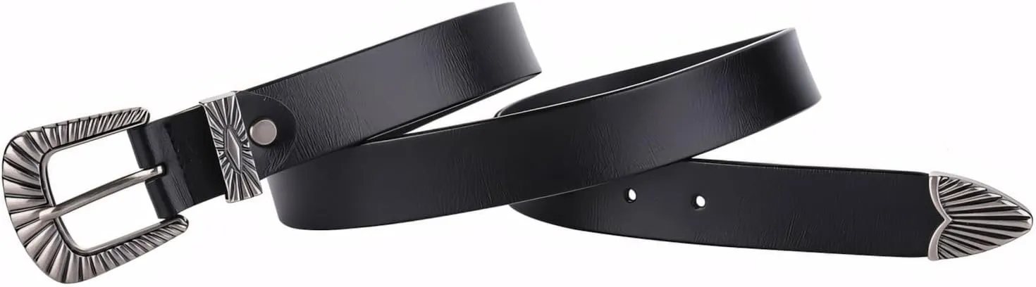 Women’s 1.10″Fashion Black Retro Vintage Leather Belts for Jeans Pants Dresses Ladies Waist Belt with Designer Buckle
