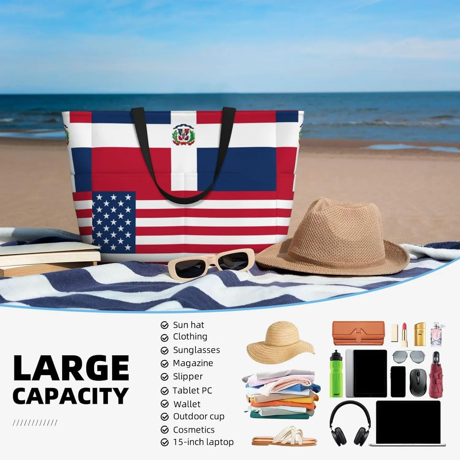 Women's Beach Travel Bags Large Waterproof Tote Bag with Pockets Sandproof Handbag for Beach Gym Vacation