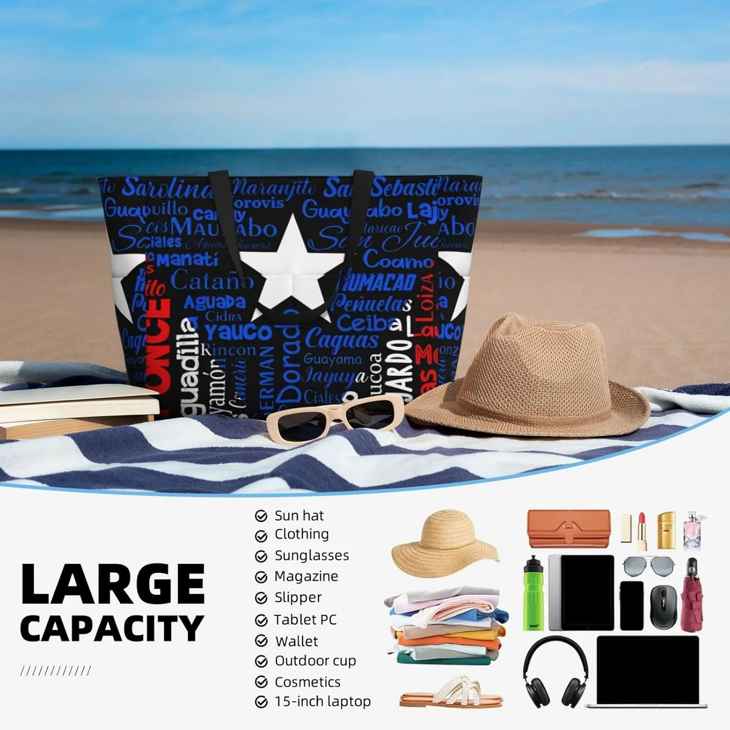 Women's Beach Travel Bags Large Waterproof Tote Bag with Pockets Sandproof Handbag for Beach Gym Vacation