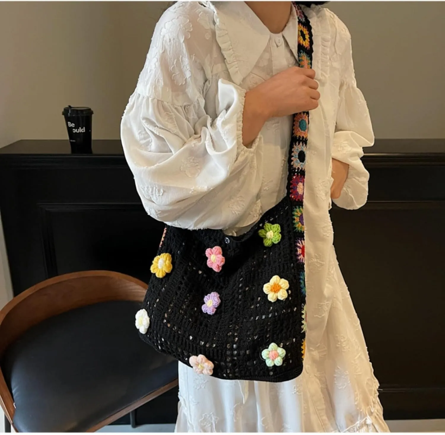 Women's Boho Embroidery Crossbody Bag Hollow Out Crochet Knit Shoulder Bag Knited Bag Handbag Summer Beach Tote